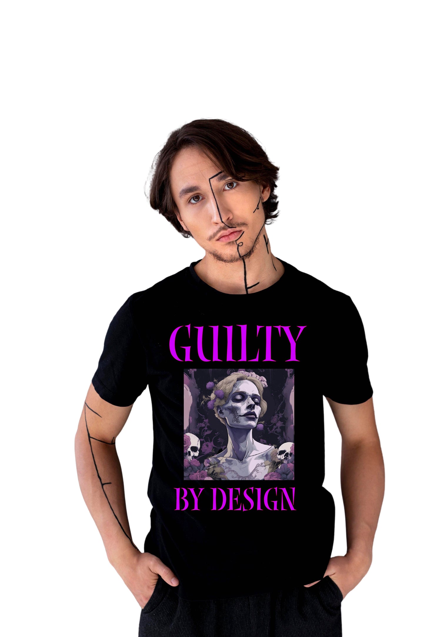 Guilty by Design (purple Girl) graphic tee